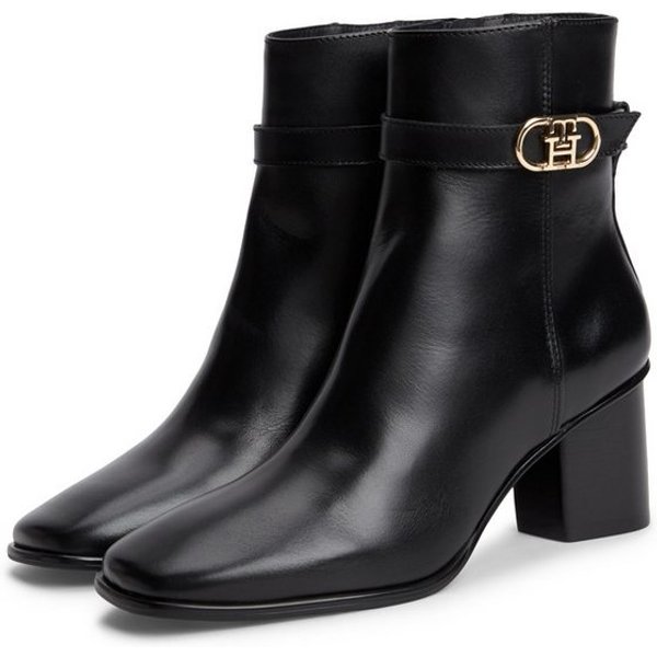 Tommy Hilfiger TH STRAP LEATHER BLOCK HEEL BOOT Stiefelette Herbstschuh, Businessschuh mit goldfarbenem Schmuckelement