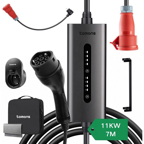 Tomons 11kW Wallbox Typ 2 Ladekabel mit CEE-Stecker 3-Phasen, 7M, 6-16A Autoladekabel, Mobiles Wandladegerät, Strom einstellbar, zeitgesteuertes Laden