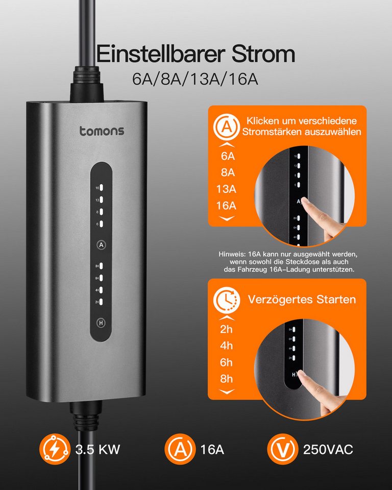 Tomons 11kW Wallbox Typ 2 Ladekabel mit CEE-Stecker 3-Phasen, 7M, 6-16A Autoladekabel, Mobiles Wandladegerät, Strom einstellbar, zeitgesteuertes Laden – Bild 3 von 5