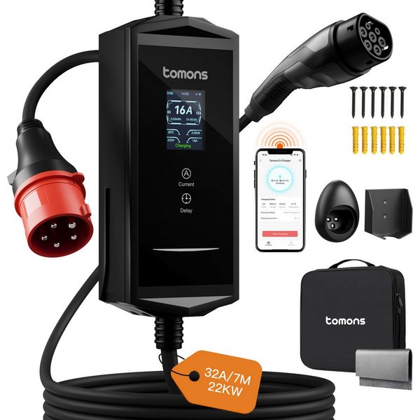 Tomons Mobile Wallbox 22kw mit APP,Typ 2 Ladekabel 7M, 2,4" LCD, IP65 Autoladekabel, Einstellbarer Ladeleistung&startzeit