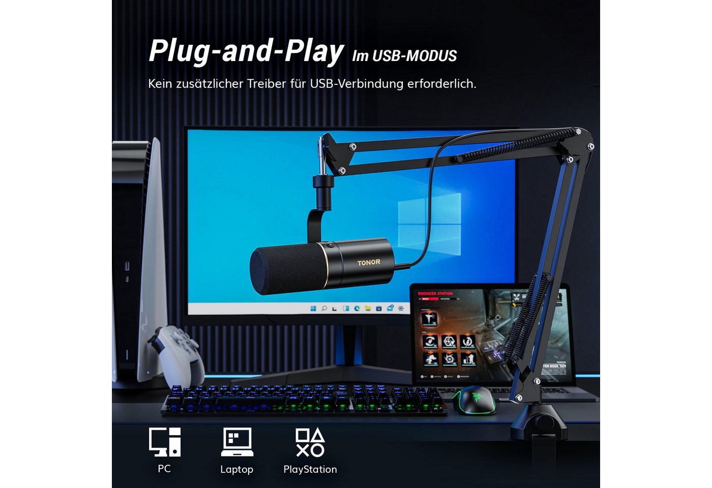 TONOR Mikrofon Dynamisches Microphone mit XLR/USB Kabel, Vocal Mic Gesangsmikrofon. – Bild 4 von 5