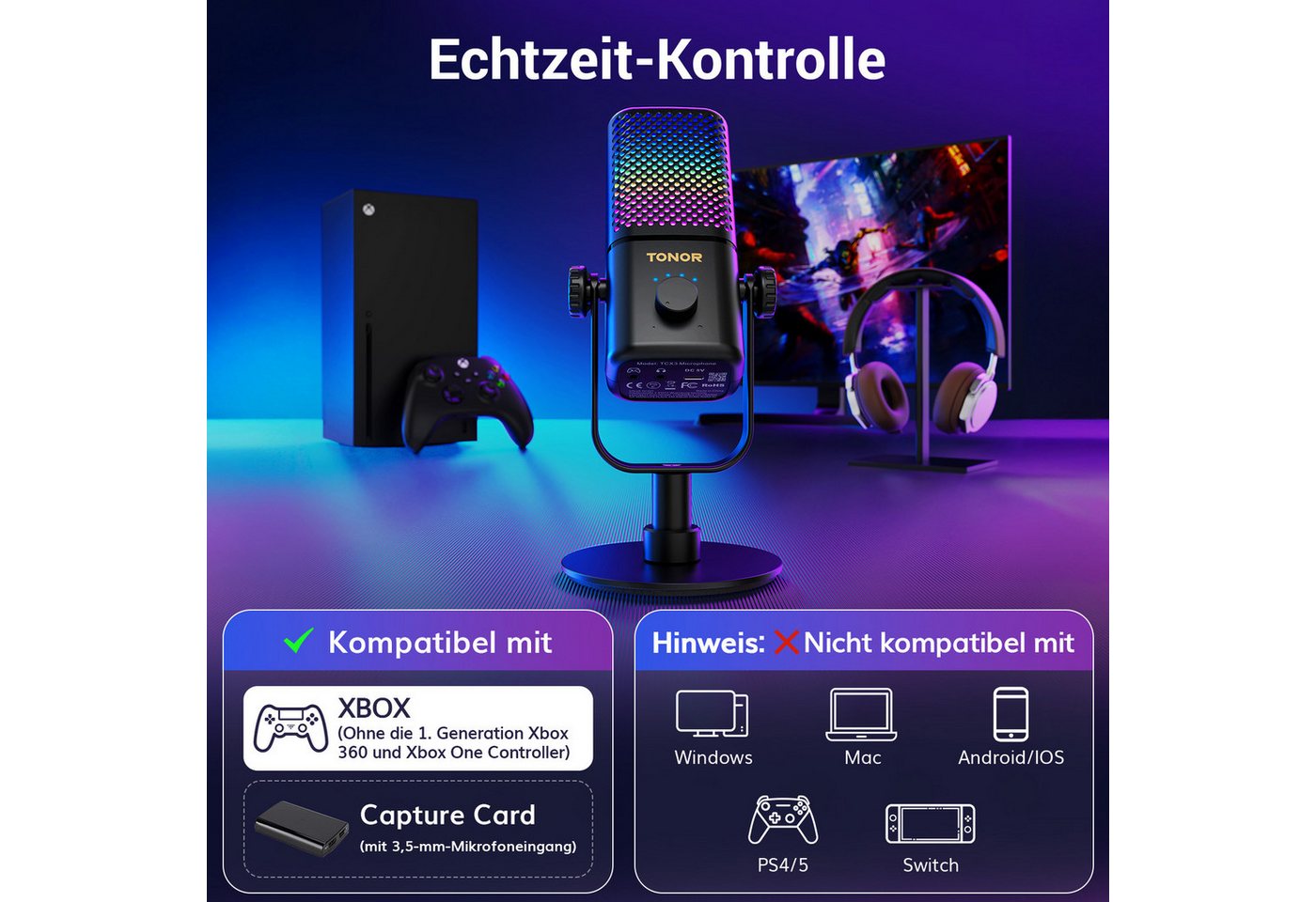 TONOR Mikrofon Mikrofon Kompatibel mit Xbox, Kondensator Mikrofon mit RGB – Bild 3 von 5