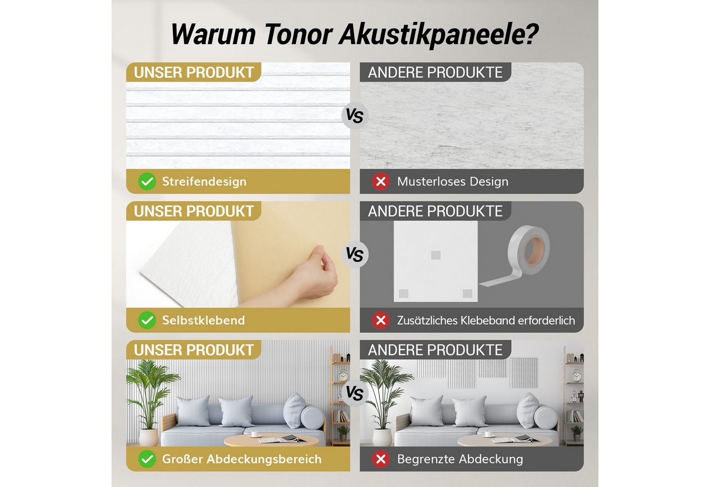 TONOR Schallschutzpaneel Akustikpaneele selbstklebend, 120x60x0.9 cm Schallschutz wand, (8-tlg) – Bild 4 von 5