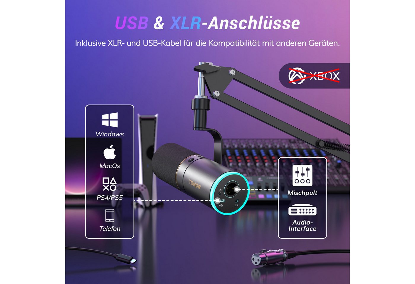 TONOR Streaming-Mikrofon Gaming Mikrofon mit Low Profile Mic Arm, PC Microphone TD520S+ – Bild 5 von 5