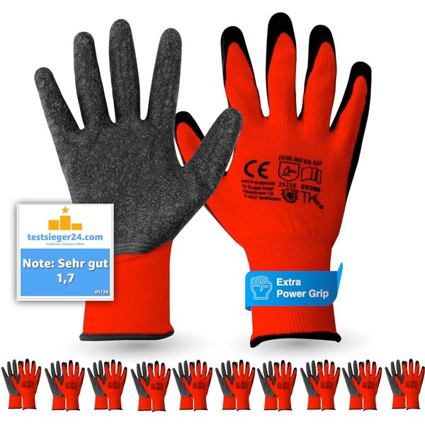toolmate® Arbeitshandschuh-Set 10 Paar rote Arbeitshandschuhe mit Latexbeschichtung, Größe nach Wahl (Packung, 10-St., 10 Paar Arbeitshandschuhe) Atmungsaktiv