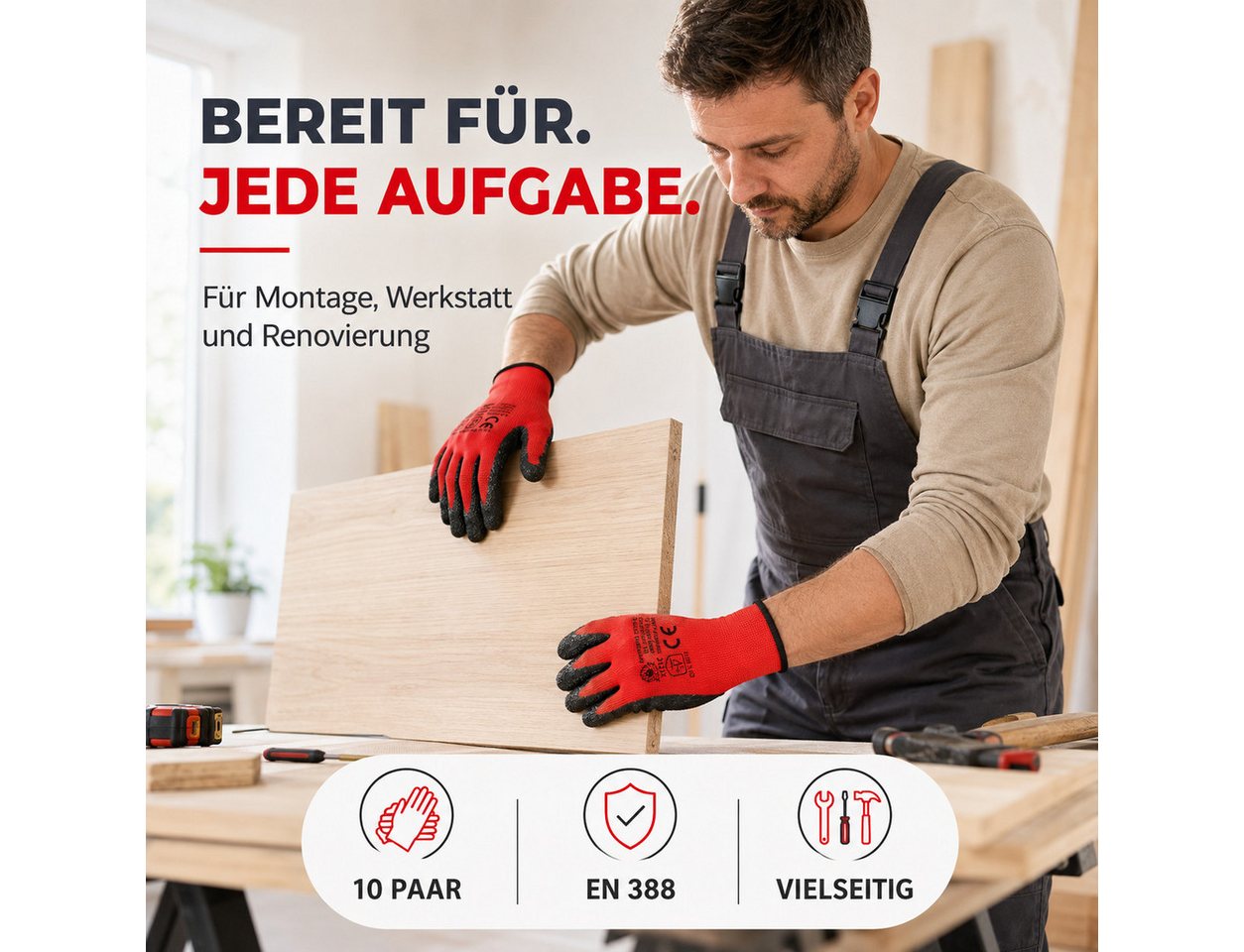 toolmate® Arbeitshandschuh-Set 10 Paar rote Arbeitshandschuhe mit Latexbeschichtung, Größe nach Wahl (Packung, 10-St., 10 Paar Arbeitshandschuhe) Atmungsaktiv – Bild 2 von 5