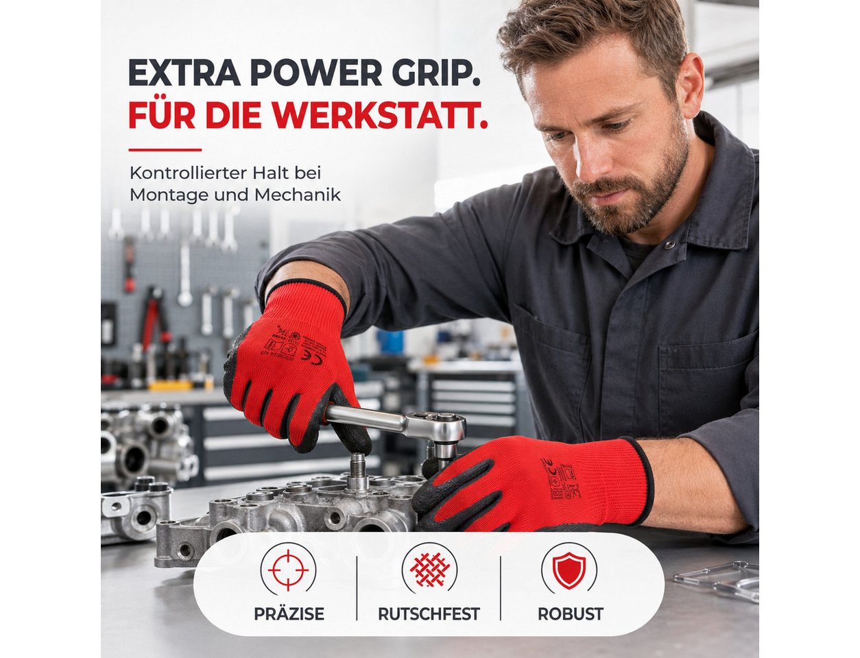 toolmate® Arbeitshandschuh-Set 10 Paar rote Arbeitshandschuhe mit Latexbeschichtung, Größe nach Wahl (Packung, 10-St., 10 Paar Arbeitshandschuhe) Atmungsaktiv – Bild 4 von 5
