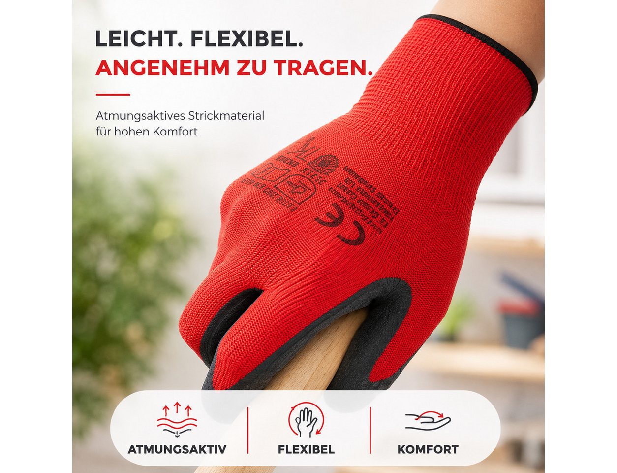 toolmate® Arbeitshandschuh-Set 10 Paar rote Arbeitshandschuhe mit Latexbeschichtung, Größe nach Wahl (Packung, 10-St., 10 Paar Arbeitshandschuhe) Atmungsaktiv – Bild 5 von 5