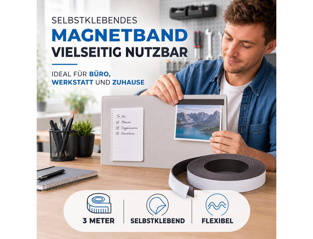 toolmate® Klebeband 1 Rolle Magnetklebeband, 3 m × 15 mm, selbstklebend und zuschneidbar (1-St., 1x 3m Magnetklebeband) Zuschneidbar – Bild 2 von 5