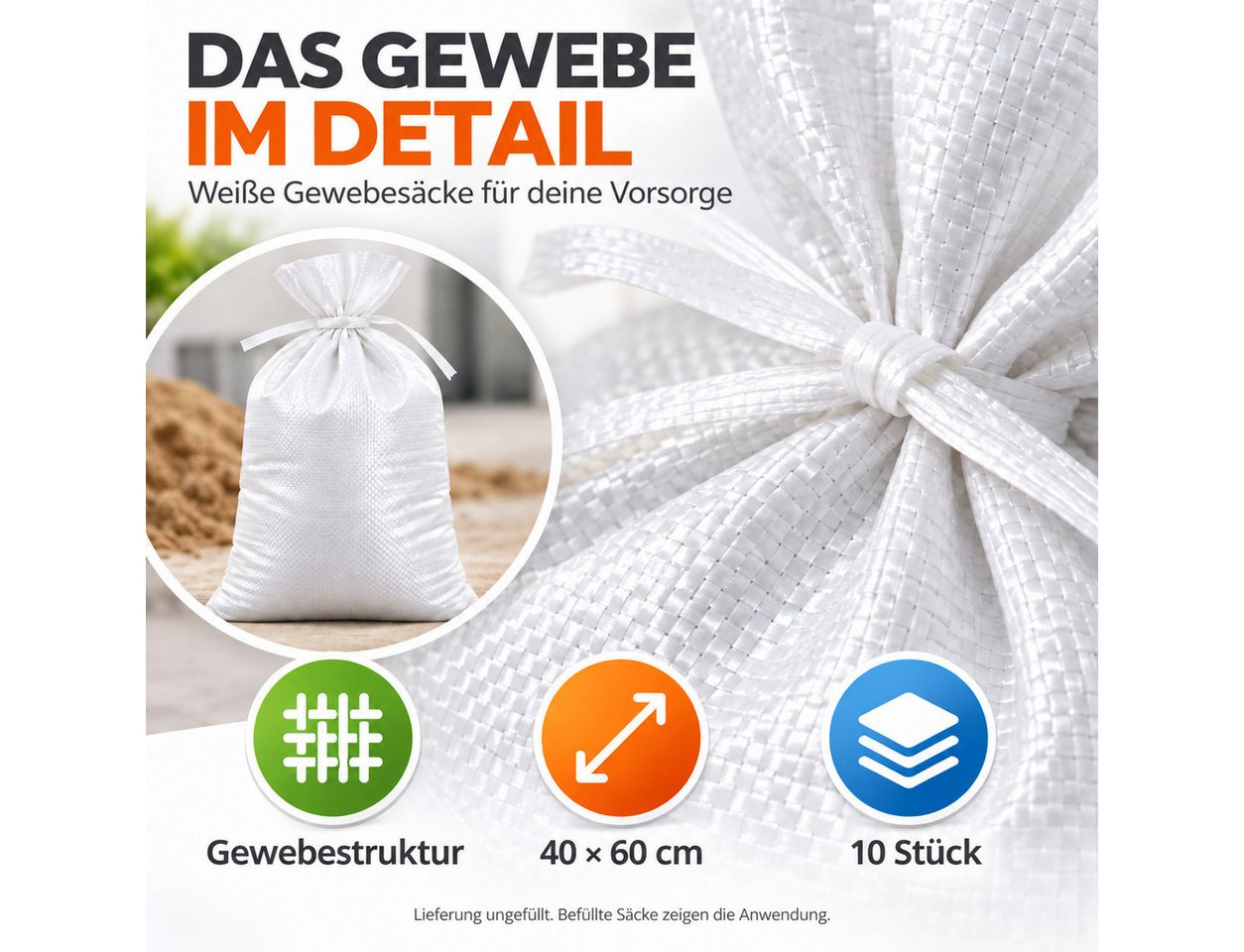 toolmate® Sandsack 10 ungefüllte Sandsäcke, je 40 x 60 cm, mit Schnürband – Bild 4 von 5