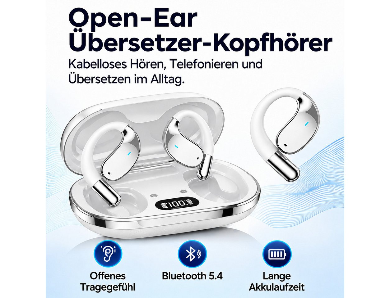 Toomoke Bluetooth-Kopfhörer mit KI-Übersetzer, ENC Mikrofon Open-Ear-Kopfhörer (Sportkopfhörer mit Ohrbügel, Ladeetui, 60 Std. Laufzeit, USB-C, IPX5) – Bild 2 von 5