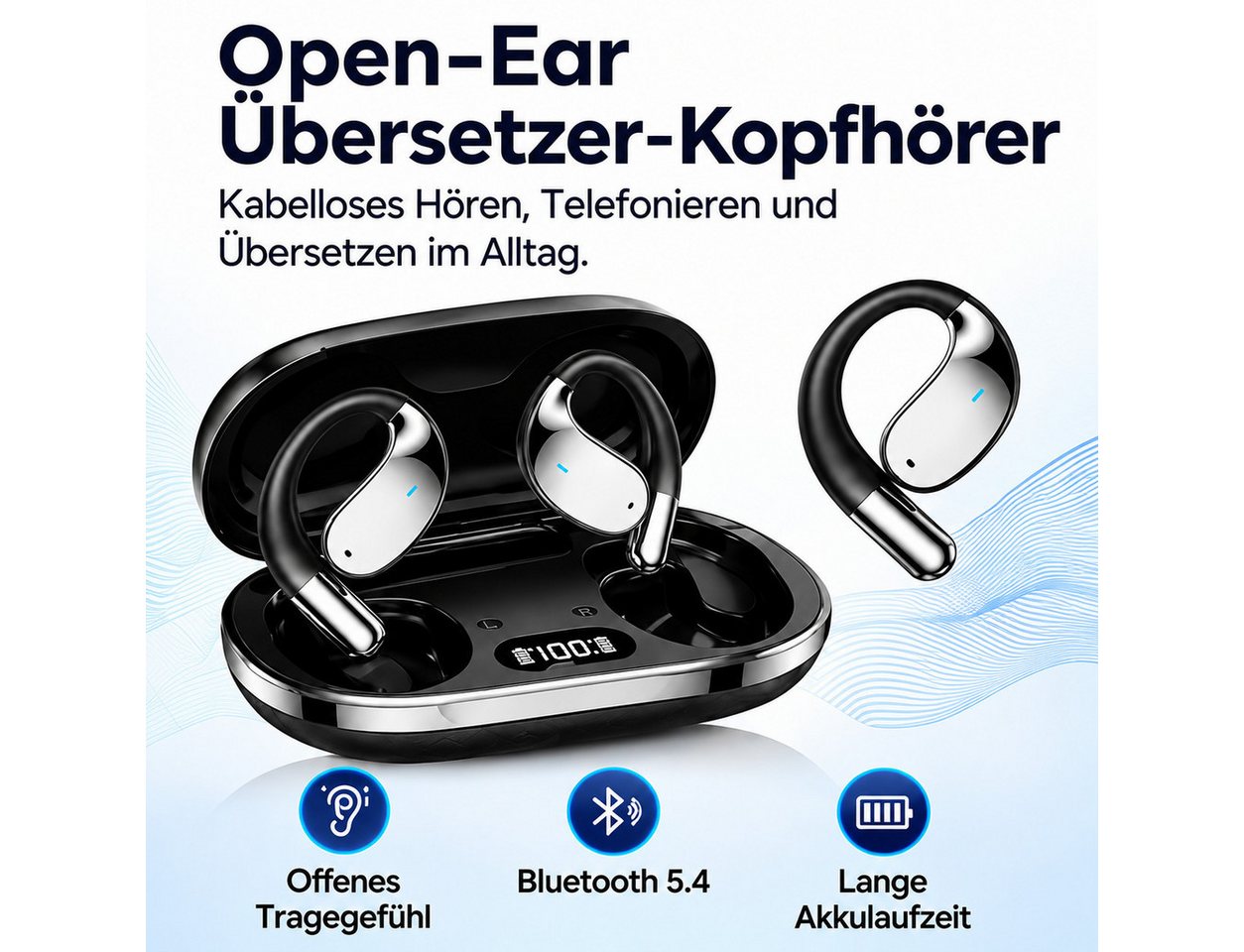 Toomoke Bluetooth-Kopfhörer mit KI-Übersetzer, ENC Mikrofon Open-Ear-Kopfhörer (Sportkopfhörer mit Ohrbügel, Ladeetui, 60 Std. Laufzeit, USB-C, IPX5) – Bild 2 von 5