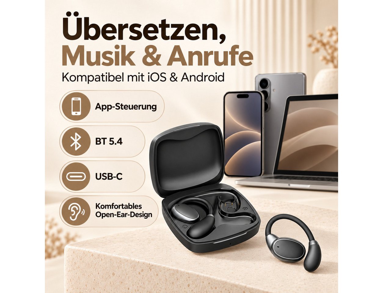Toomoke Bluetooth-Kopfhörer mit Sprachübersetzer und Ohrbügel Open-Ear-Kopfhörer (KI-Ohrhörer für Reise, Lernen, Telefonate und Sport, 138 Gratis-Sprachen, 400- – Bild 3 von 5