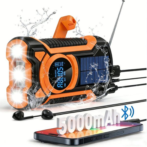 Toomoke Campingradio, Outdoor-Radio, Kurbelradio, Solarradio mit Bluetooth Radio (AM/FM/Kurzwellenradio mit Powerbank, SOS-Alarm und LED-Lampe, 5000 mAh + Handk
