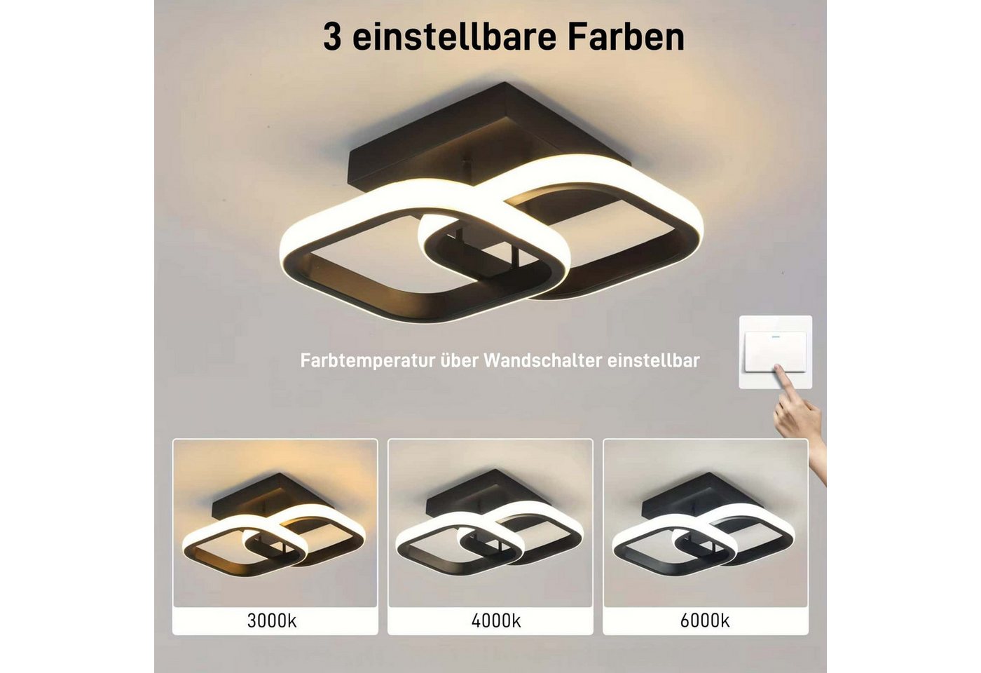 Toomoke Deckenleuchten LED Dimmbar Deckenleuchte 3-Farbige Decken-Lampe, LED fest integriert, Warmweiß, Neutralweiß, Kaltweiß, Wohnzimmer Flur Eingang – Bild 5 von 5