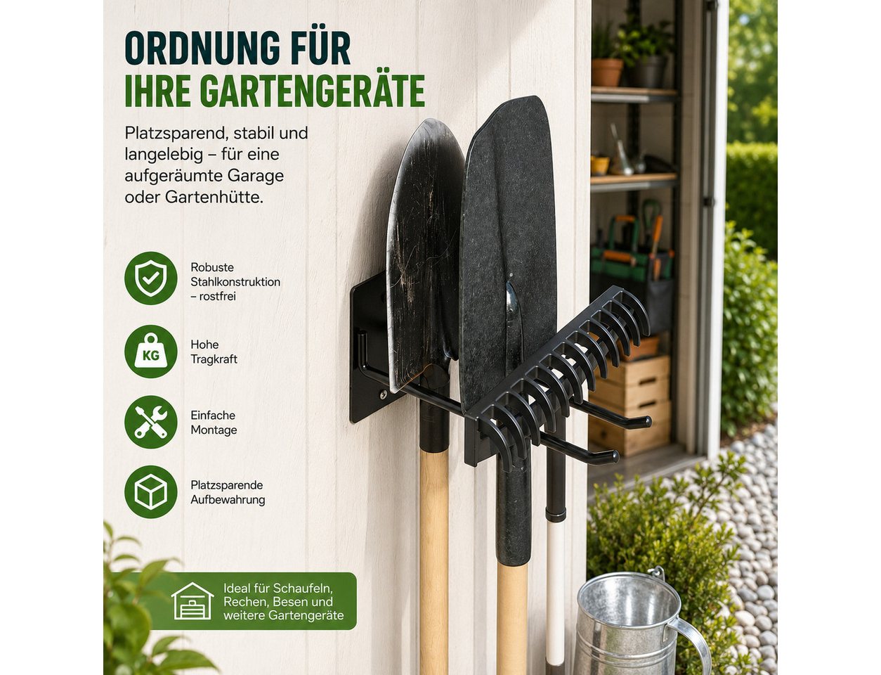 Toomoke Gartengerätehalter Gerätehalter, Werkzeughalter für lange Werkzeuge, (Wandhalter für Besen, Schaufeln, Rechen, Garage und Gartenhaus, 25 × 7 × 10 cm, St – Bild 3 von 5