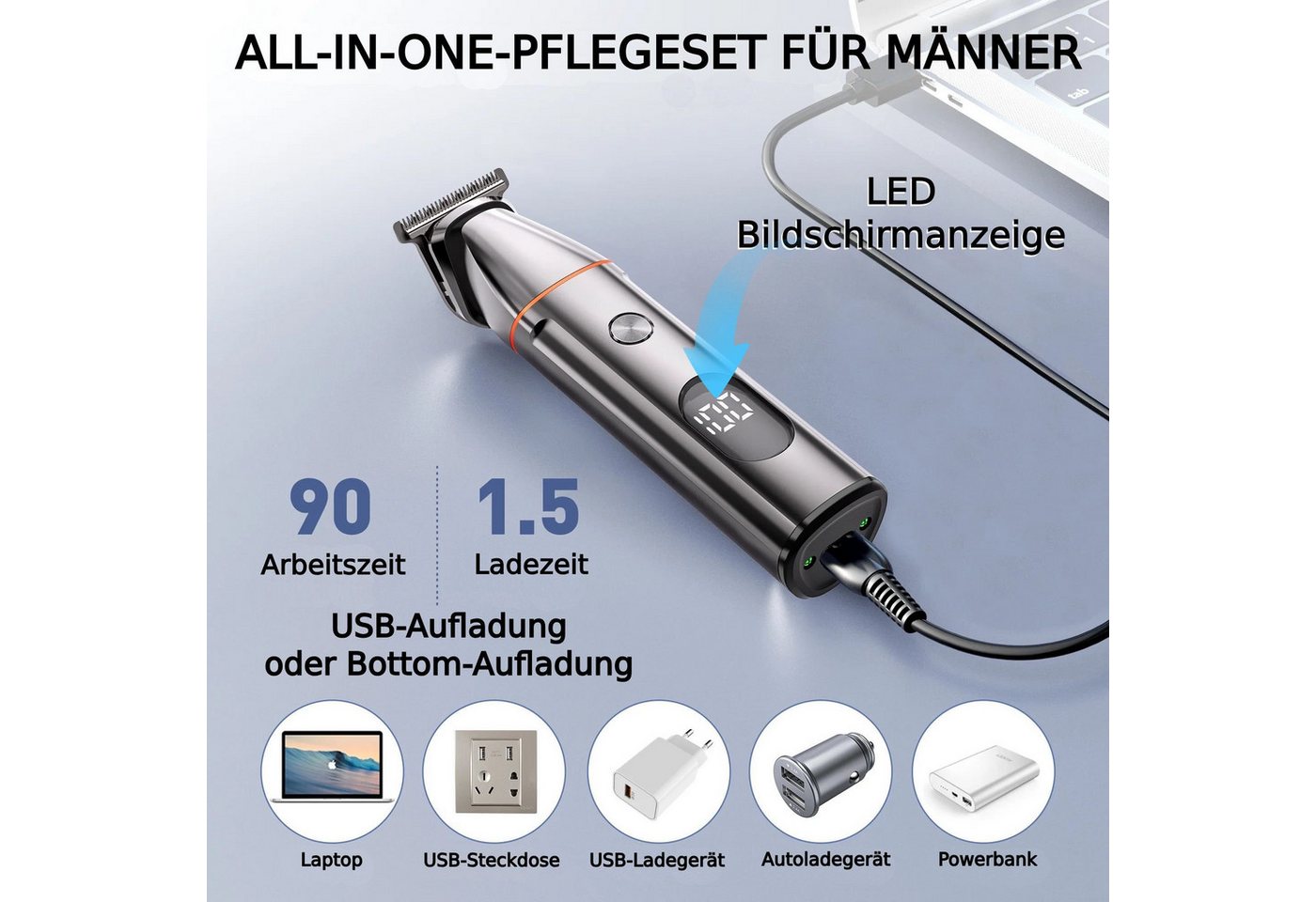 Toomoke Haarschneider Herren, Grooming Set, Barttrimmer, Nasenhaartrimmer, Elektrorasierer, Körpertrimmer für Gesicht, Bart und Körper, 5-in-1, IPX7, 90 Min. La – Bild 2 von 5