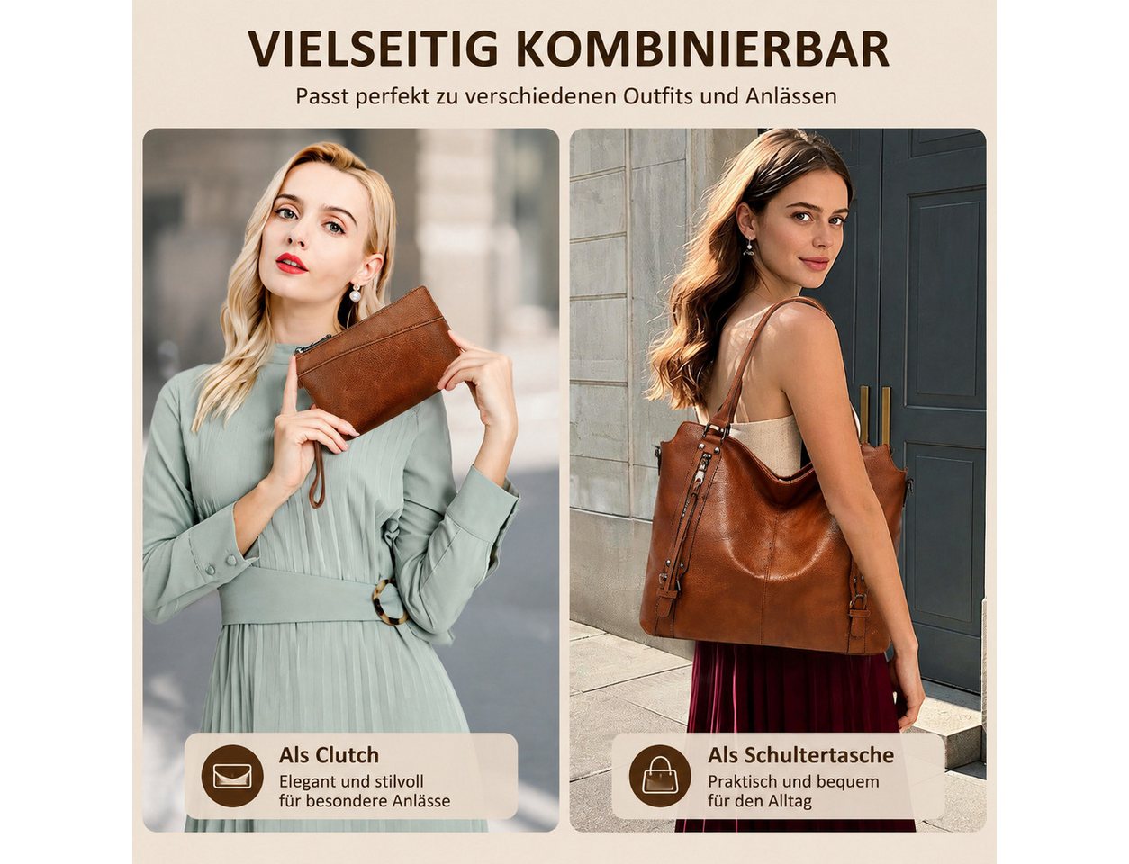 Toomoke Handtasche Damen, 2-teiliges Set mit Handgelenktasche, großer Shopper (Schultertasche mit Umhängeriemen für Büro, Alltag und Shopping), Handgelenktasche – Bild 2 von 5