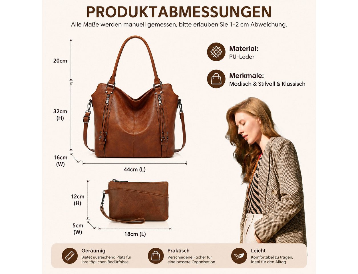 Toomoke Handtasche Damen, 2-teiliges Set mit Handgelenktasche, großer Shopper (Schultertasche mit Umhängeriemen für Büro, Alltag und Shopping), Handgelenktasche – Bild 3 von 5
