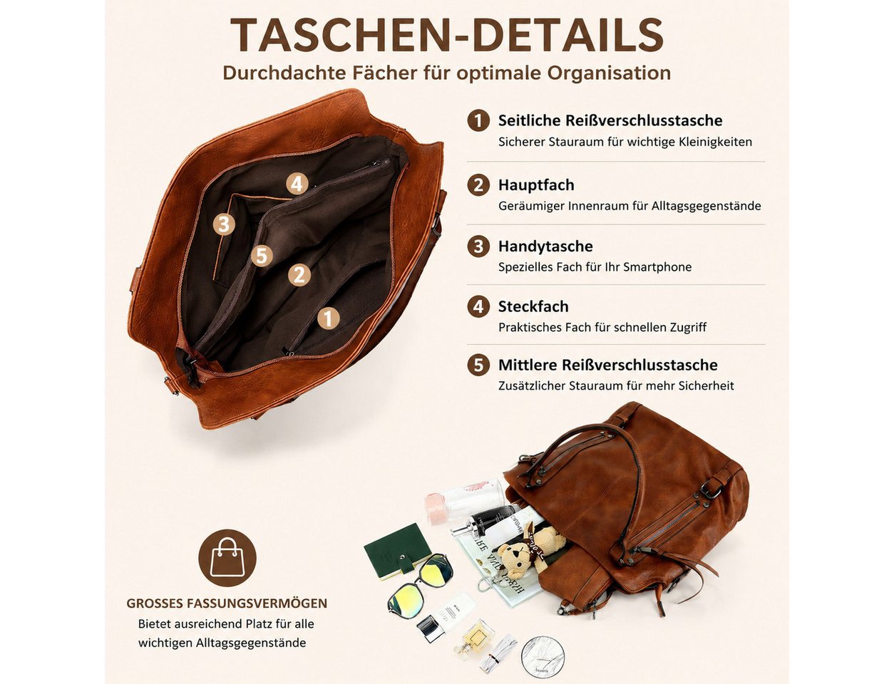 Toomoke Handtasche Damen, 2-teiliges Set mit Handgelenktasche, großer Shopper (Schultertasche mit Umhängeriemen für Büro, Alltag und Shopping), Handgelenktasche – Bild 4 von 5