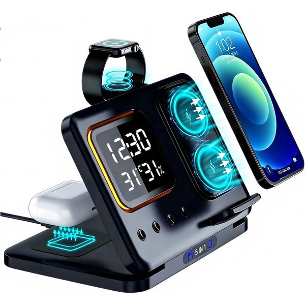 Toomoke Ladegerät, 5-in-1 Wireless Charger, Induktive Ladestation, Handy Ladestation (für Smartphone, Smartwatch, Kopfhörer, mit Wecker und Nachtlicht, Digitalw