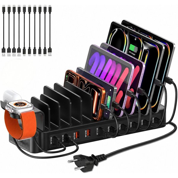 Toomoke Ladestation, Ladehub, Gerätehalter für Smartphone und Tablet Ladestation (USB-Ladegerät, Multiport-Lader für Zuhause, Büro und Familie, 100 W, 10 Ports,