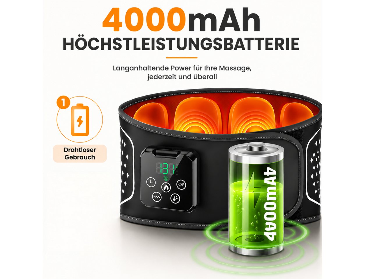 Toomoke Massagegerät Rückenmassagegerät, Wärmegürtel für Rücken und Taille, Lendenmassagegerät, Massagehilfe für Zuhause, Büro und Reisen, 4000 mAh, 4 Heizstufe – Bild 4 von 5