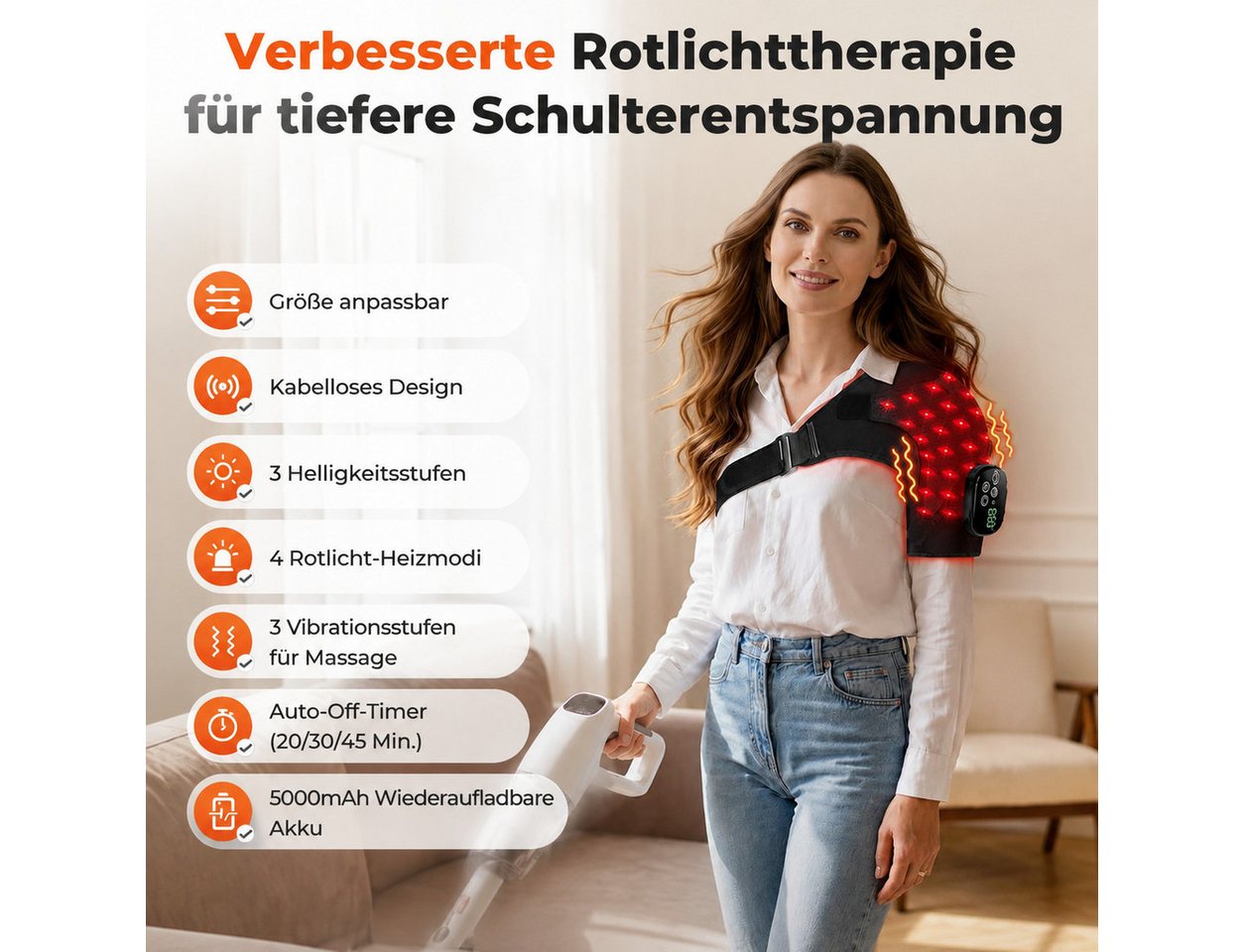 Toomoke Massagegerät Schulterbandage, Nackenmassage mit Rotlicht und Wärme, Vibrationsmassage kabellos für Schulter, Zuhause, Büro und Reisen, 4 Rotlicht-Heizmo – Bild 3 von 5