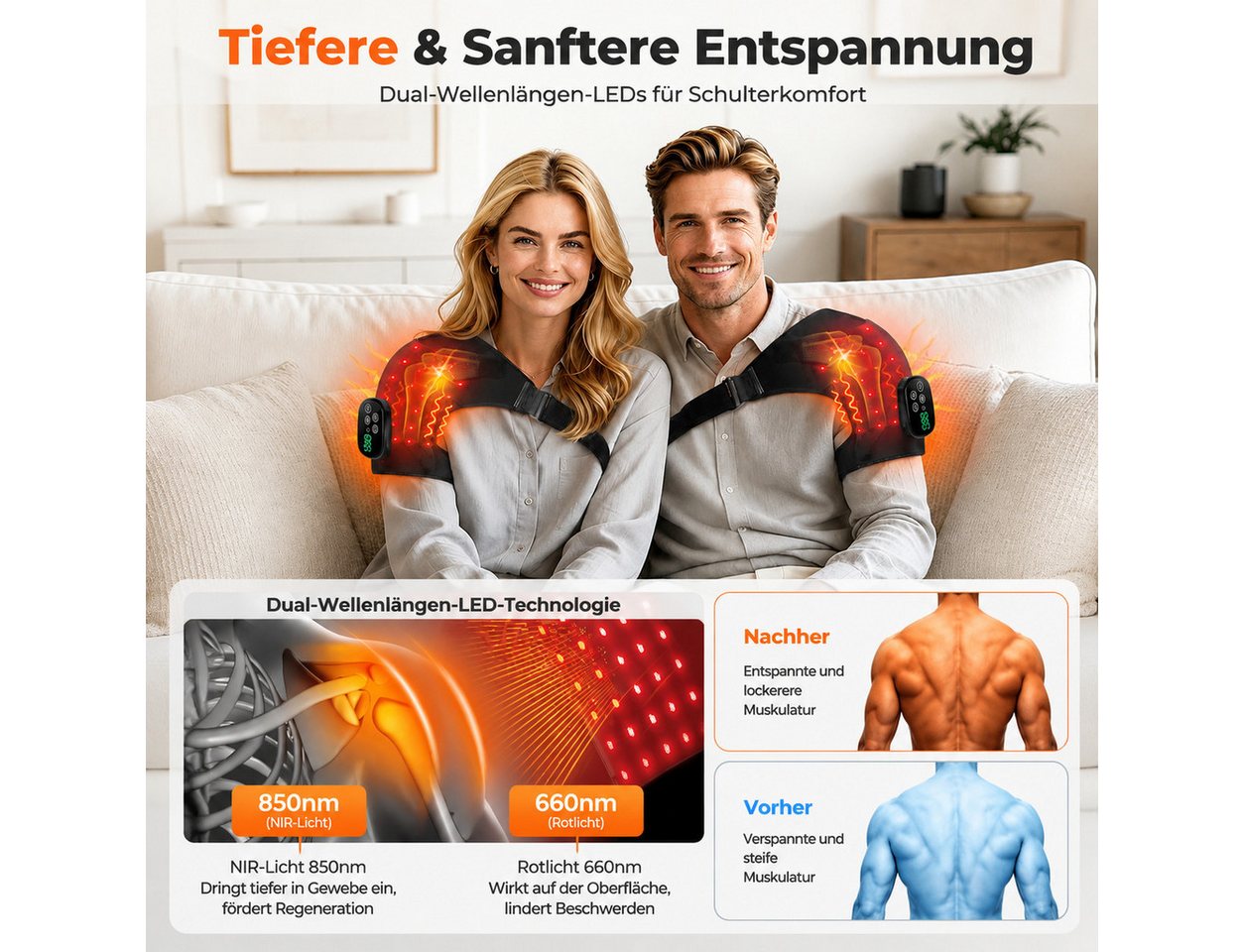 Toomoke Massagegerät Schulterbandage, Nackenmassage mit Rotlicht und Wärme, Vibrationsmassage kabellos für Schulter, Zuhause, Büro und Reisen, 4 Rotlicht-Heizmo – Bild 4 von 5