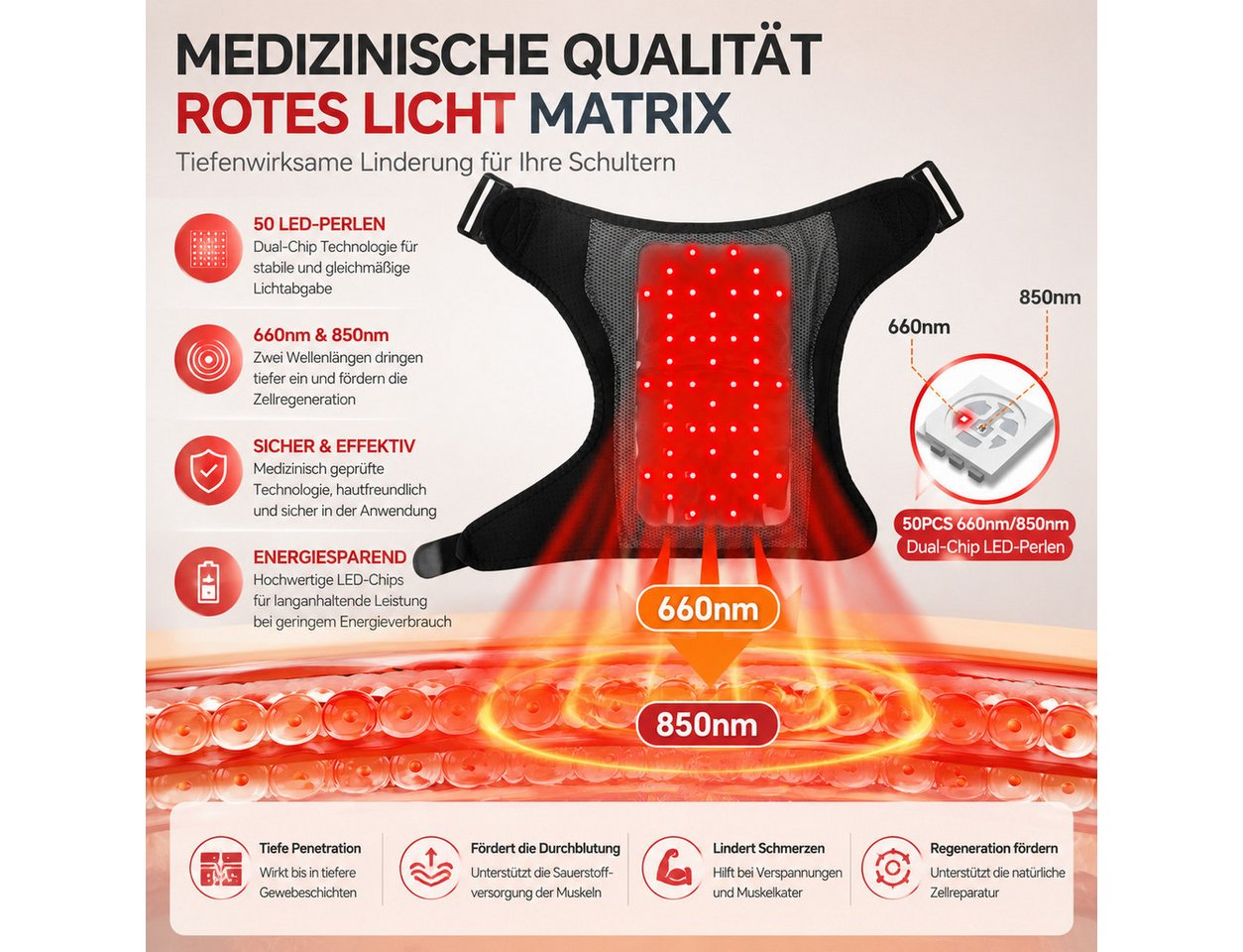 Toomoke Massagegerät Schulterbandage, Nackenmassage mit Rotlicht und Wärme, Vibrationsmassage kabellos für Schulter, Zuhause, Büro und Reisen, 4 Rotlicht-Heizmo – Bild 5 von 5