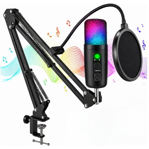 Toomoke Mikrofon USB Mikrofon Set mit Mikrofonarm, Gaming Kondensator RGB (mit Geräuschreduzierung, Stummschaltung und Kopfhörer Monitoring, Type-C-Adapter), (S