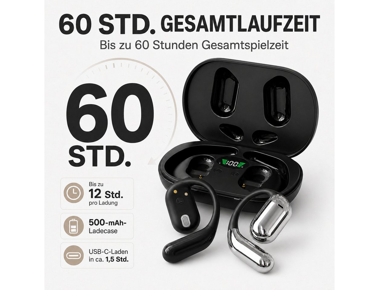 Toomoke Open-Ear-Kopfhörer Bluetooth 6.0, Bluetooth Kopfhörer kabellos, Open-Ear-Kopfhörer (Sportkopfhörer mit Ohrbügel, ANC, 4-Mikrofon-ENC, HiFi Stereo, 60 St – Bild 3 von 5