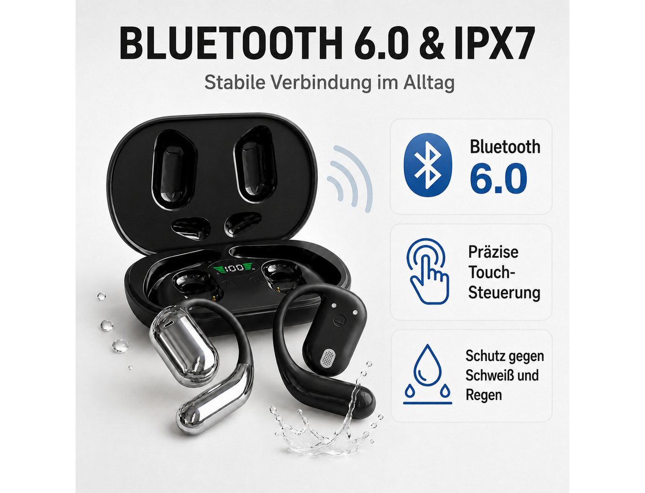 Toomoke Open-Ear-Kopfhörer Bluetooth 6.0, Bluetooth Kopfhörer kabellos, Open-Ear-Kopfhörer (Sportkopfhörer mit Ohrbügel, ANC, 4-Mikrofon-ENC, HiFi Stereo, 60 St – Bild 5 von 5