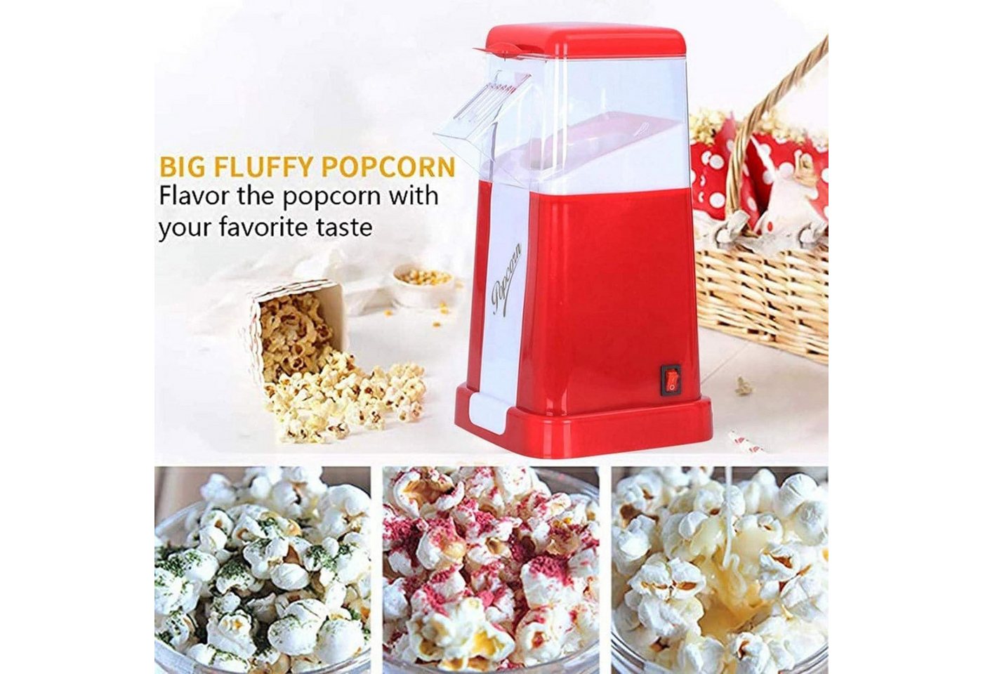 Toomoke Popcornmaschine Popcornmaschine,Popcorn Maker,Popcornmaschine Heissluft, ohne Öl, 3 Minuten Schnell, Zuhause Filme und Weihnachten Partys – Bild 2 von 5
