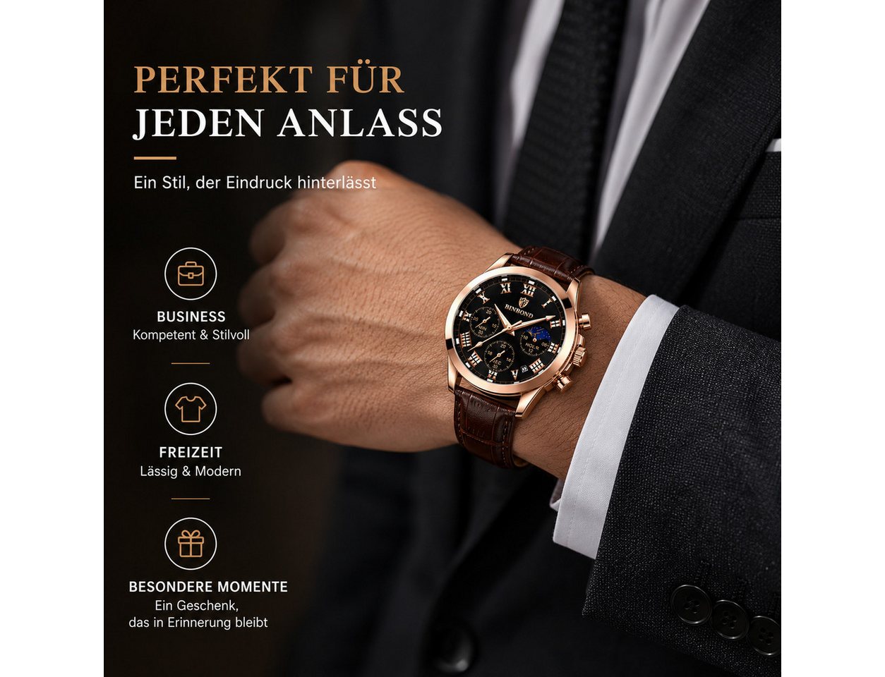 Toomoke Quarzuhr Herren, Herrenuhr, Armbanduhr mit Lederarmband, (Businessuhr, Analoguhr für Büro, Freizeit und Alltag), 43 mm, 3 ATM, PE90 Quarzwerk, Leuchtzei – Bild 4 von 5