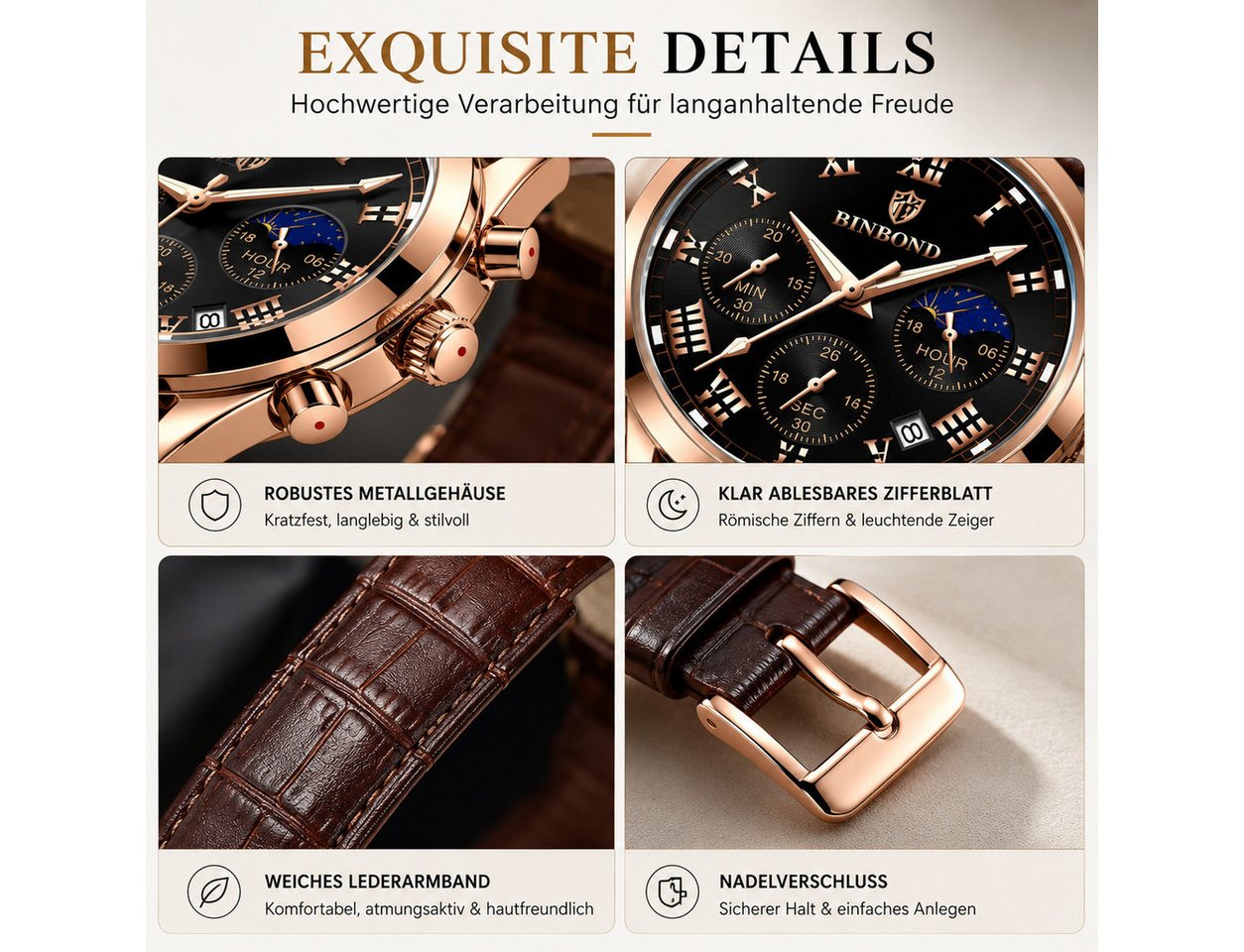 Toomoke Quarzuhr Herren, Herrenuhr, Armbanduhr mit Lederarmband, (Businessuhr, Analoguhr für Büro, Freizeit und Alltag), 43 mm, 3 ATM, PE90 Quarzwerk, Leuchtzei – Bild 5 von 5
