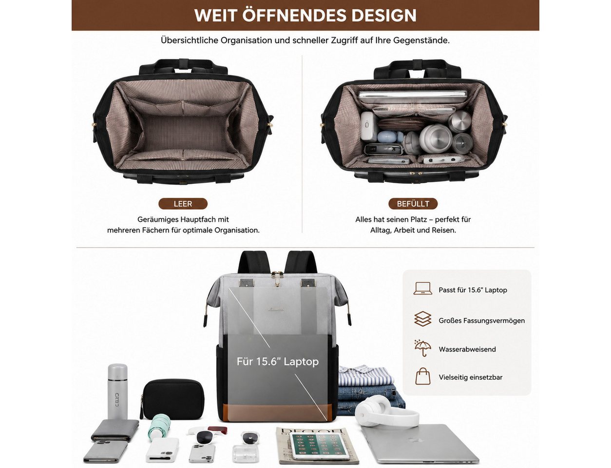 Toomoke Rucksack Damen, Laptoprucksack, Cityrucksack mit Kosmetiktasche (Reiserucksack für 15,6-Zoll-Laptop, Büro, Studium und Reisen), 16 Fächer, Anti-Diebstah – Bild 3 von 5