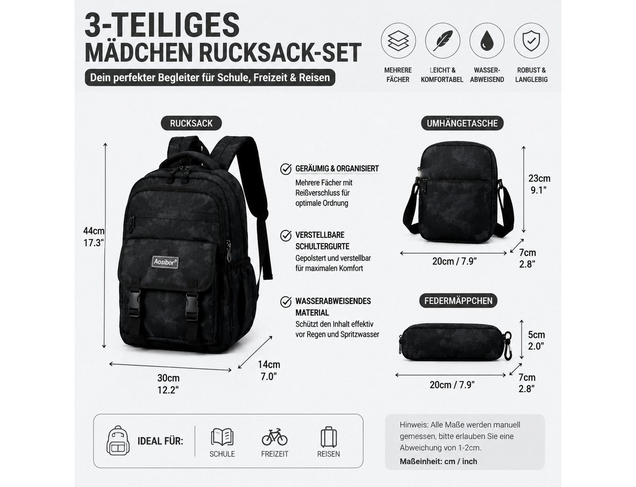 Toomoke Schulrucksack Rucksack-Set, Schultasche für Schule und Freizeit (Freizeitrucksack, Tagesrucksack für Arbeit, Alltag und unterwegs), 3-tlg., Umhängetasch – Bild 4 von 5