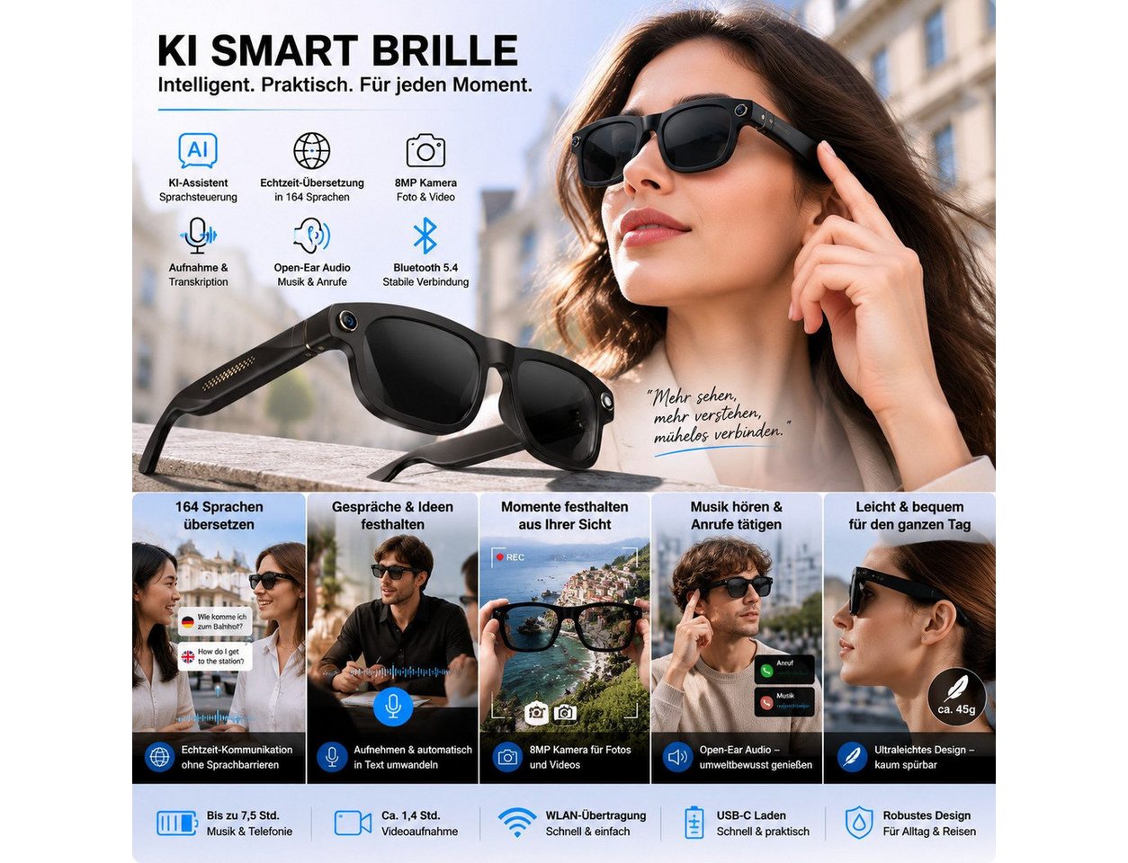 Toomoke Smart Glasses, AI-Smart-Brille mit 8MP-Kamera Bluetooth-Soundbrille (Intelligente Bluetooth Brille mit KI Sprachassistent) – Bild 2 von 5