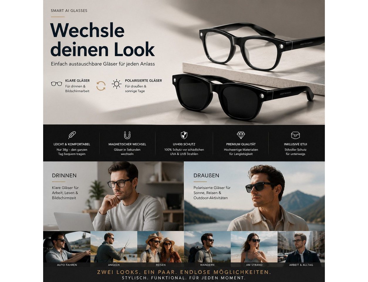 Toomoke Smart Glasses, AI-Smart-Brille mit 8MP-Kamera Bluetooth-Soundbrille (Intelligente Bluetooth Brille mit KI Sprachassistent) – Bild 3 von 5