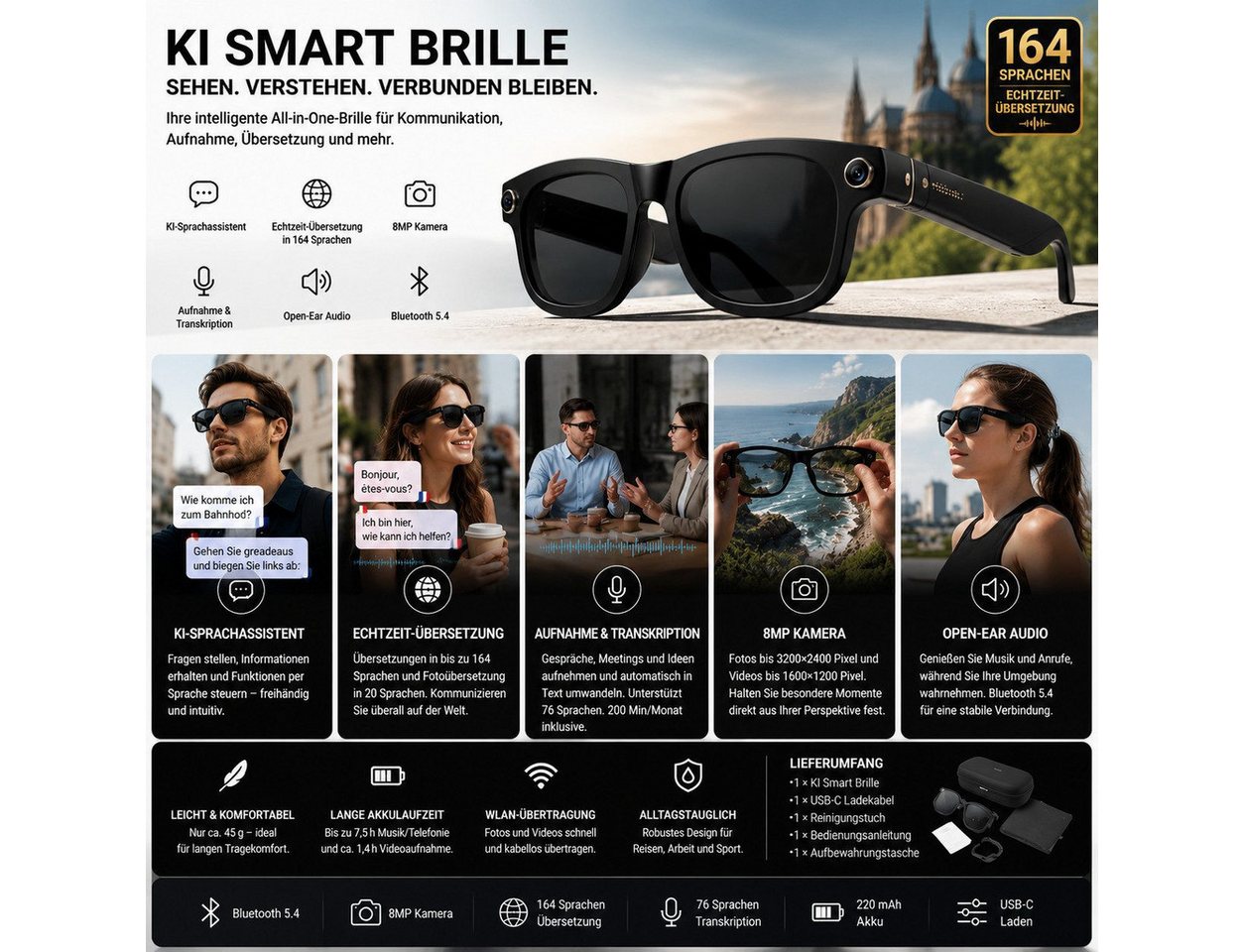 Toomoke Smart Glasses, AI-Smart-Brille mit 8MP-Kamera Bluetooth-Soundbrille (Intelligente Bluetooth Brille mit KI Sprachassistent) – Bild 4 von 5