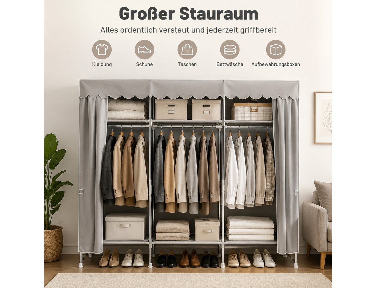 Toomoke Stoffschrank mit Kleiderstange, Faltschrank für Schlafzimmer (Kleiderschrank aus Stahlrohren mit Reißverschluss und Staubschutz) Abnehmbarer Bezug, 165  – Bild 3 von 5