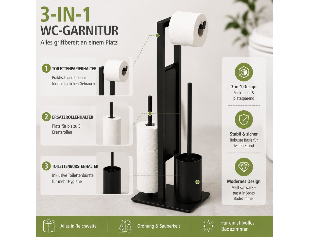 Toomoke Toilettenpapierhalter WC-Garnitur, Bad-Organizer (Klorollenständer mit Ersatzrollenfach, freistehend, ohne Bohren), 3-in-1 mit Trennwand, Ersatzrollenfa – Bild 3 von 5