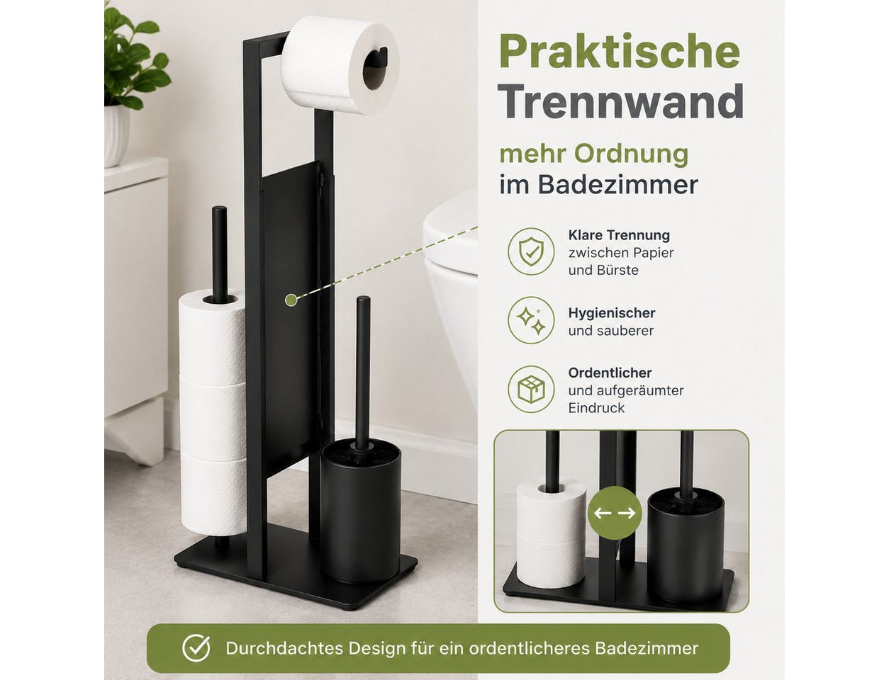 Toomoke Toilettenpapierhalter WC-Garnitur, Bad-Organizer (Klorollenständer mit Ersatzrollenfach, freistehend, ohne Bohren), 3-in-1 mit Trennwand, Ersatzrollenfa – Bild 5 von 5