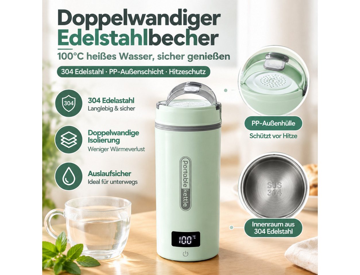 Toomoke Wasserkocher Heizbecher, Thermobecher für Reise und Büro, 300 W, Elektrischer Reisebecher für Hotel, Arbeit und unterwegs, 400 ml – Bild 3 von 5