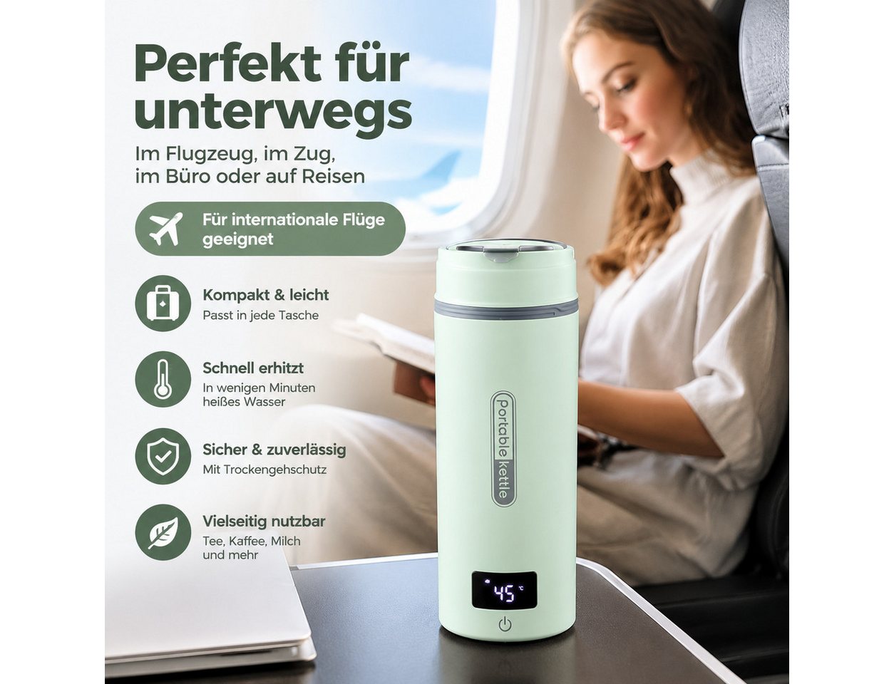 Toomoke Wasserkocher Heizbecher, Thermobecher für Reise und Büro, 300 W, Elektrischer Reisebecher für Hotel, Arbeit und unterwegs, 400 ml – Bild 4 von 5