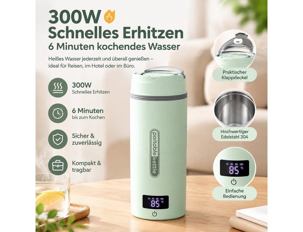 Toomoke Wasserkocher Heizbecher, Thermobecher für Reise und Büro, 300 W, Elektrischer Reisebecher für Hotel, Arbeit und unterwegs, 400 ml – Bild 5 von 5