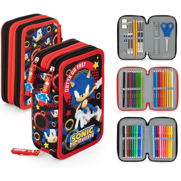 TOP! Federmäppchen Sonic the Hedgehog - Mäppchen Federmappe, 42 Teile, 3-fach gefüllt, (42-tlg., Jungen), Reißverschluss