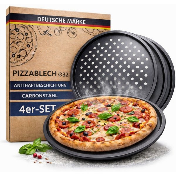 Topanbieter999 Pizzablech Pizza Backblech gelocht, Carbonstahl, (4-St), Antihaftbeschichtet, gleichmäßige Hitzeverteilung