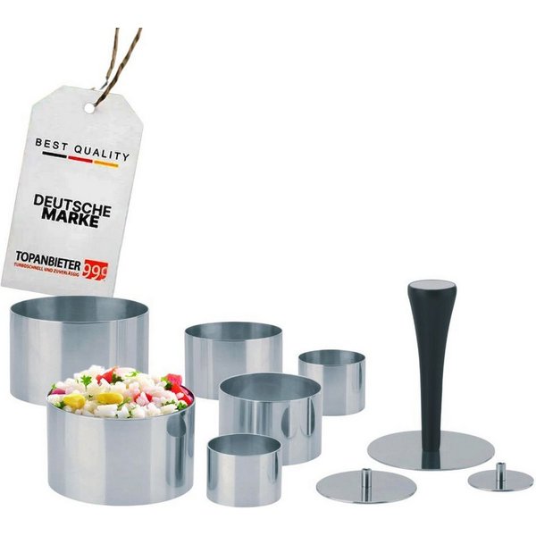 Topanbieter999 Speisering Edelstahl 10-teilig, Profi Speisenringe Ø 4/6/8 cm, mit Presse & Griff, Edelstahl